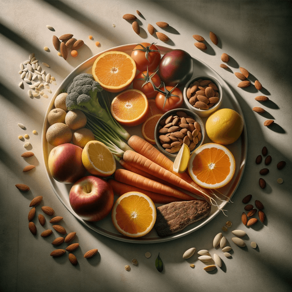 Fotografia que enfatiza a abundância de vitaminas em diversos alimentos. Um prato, situado em um elegante fundo neutro, exibe frutas, vegetais,