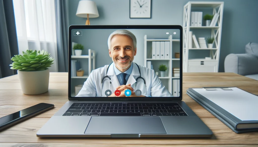 Fotografia em modo paisagem, retratando uma visão frontal realista de um médico de meia-idade prestando consulta online