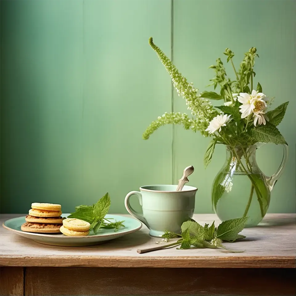 Uma mesa rústica adornada com toalha de juta, delicados buquês de flores do campo e um conjunto de biscoitos artesanais. Ao centro, uma xícara fumegante de chá de hortelã,