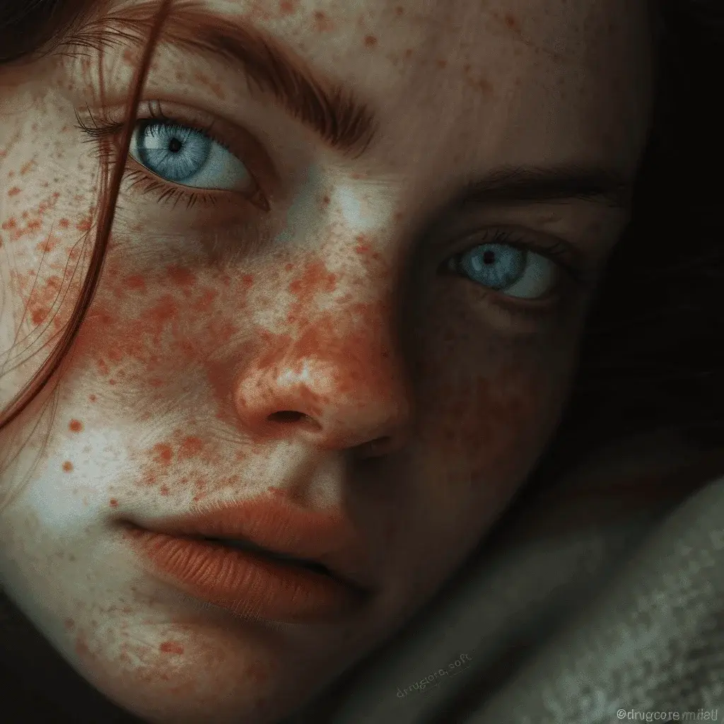 Uma mulher tem olhos azuis com manchas avermelhadas na pele